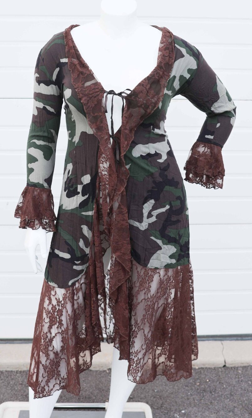 Marrika Nakk Camo Camouflage Brown Lace Duster Cardigan Dress Corset Size M